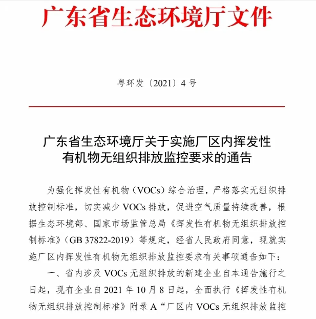 廣東新規(guī)vocs有機物無組織排放
